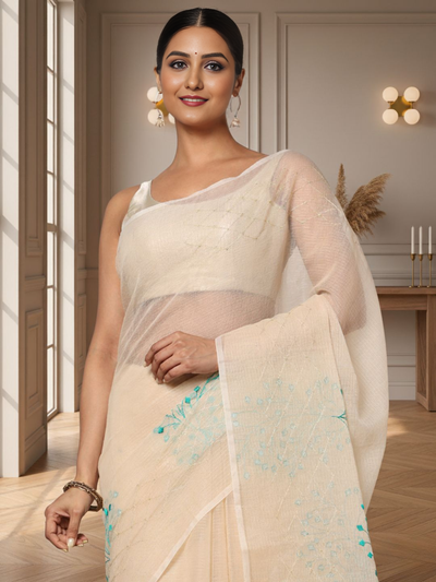 Earthy Kota Doria Cotton Bel Embroidery White Saree Handdyed