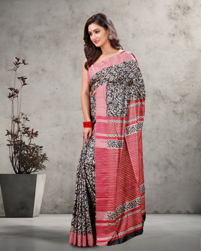Silkmark Tussar Blissful Blockprint Red & Black Saree