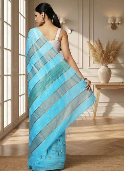 Modern Eri Tussar Silk Embroidered Blue Saree