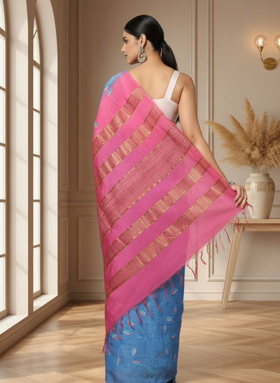 Quaint Eri Tussar Silk Embroidered Blue Saree