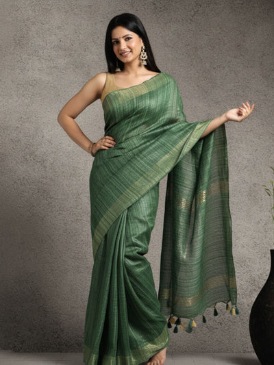 Silkmark Ghicha Tussar Silk Green Saree