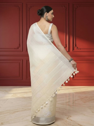 Vivid Pure Linen Embroidered Handloom Off White Saree