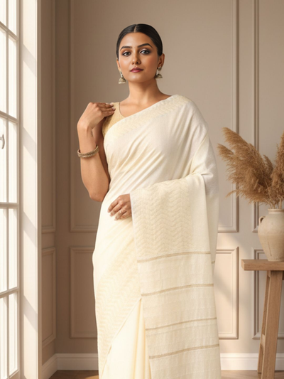 Poised Silkmark Certified Chanderi Silk Saree Cream
