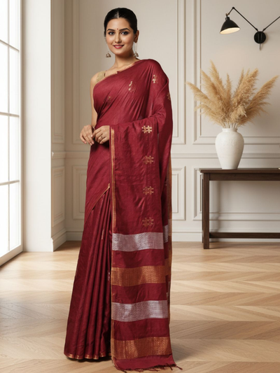 Jaquard Kota Slub Saree Hand Dyed Royal Red