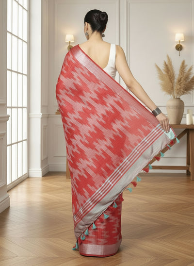 Sunny Ikkat Slub Linen Handloom Blue Saree