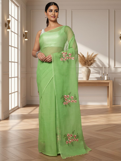 Earthy Kota Doria Green Pure Cotton Floral Embroidery Saree