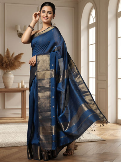 Melodic Maheshwari Pure Silk Butta Body Teal Blue Saree
