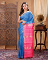 Silkmark Ghicha Tussar Ornamental Blue & Pink Saree