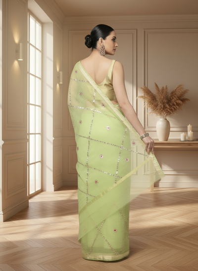 Pankhudi Gota Patti Lime Green Kota Cotton Saree