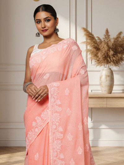 Blush Chikankari Kota Doria Saree Light Peach Handcrafted