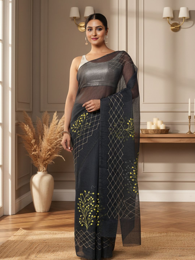 Elegant Kota Doria Cotton Bel Embroidery Blue Saree Handdyed