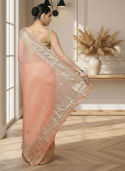 Pankhudi Jugnu Checks Kota Cotton Gota Patti Peach Saree