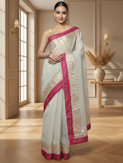 Pankhudi Jugnu Checks Gota Patti Pale White Saree