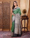 Silkmark Tussar Modern Madhubani Green & Black Saree