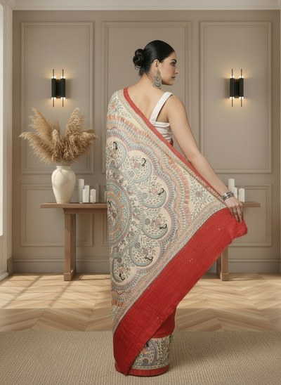 Madhubani Silkmark Gicha Tussar Silk Vivid Red Saree