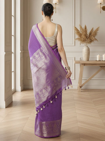 Stunning Banarasi Silk Linen Purple Handloom Saree