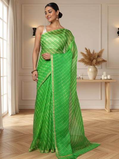 Lehariya Pure Silk Kota Doria Leaf Green Saree Handcrafted