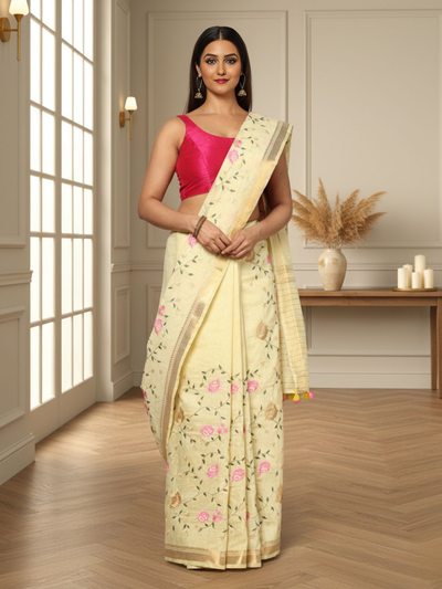 Impressionistic Silk Linen Embroidered Yellow Saree