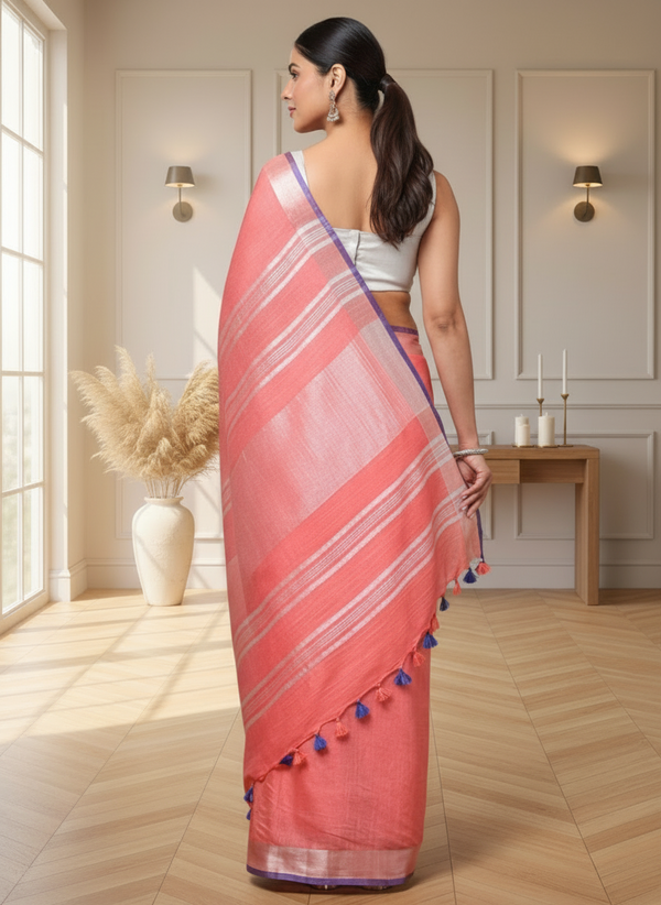 Delicate Slub Linen Hand Dyed Charm Pink Saree
