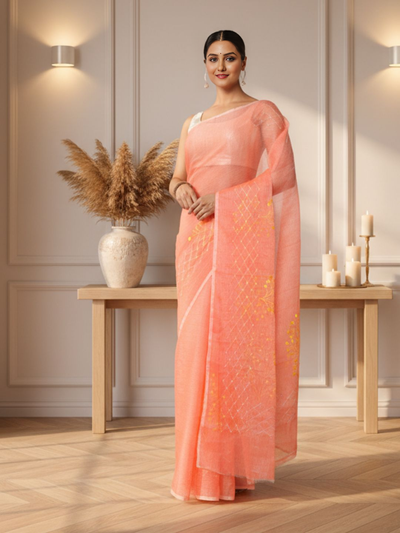 Bold Kota Doria Cotton Bel Embroidery Orange Saree Handdyed