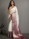 Silk Linen Banarasi Brocade Weaving Handloom White Saree with Blouse-Indiehaat