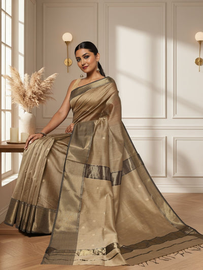Quaint Maheshwari Pure Silk Butta Body Gray Saree