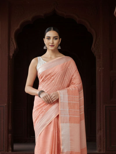 Graceful Pure Linen Embroidered Handloom Orange Saree