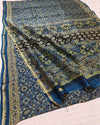 Indiehaat | Chanderi Silk Ajrakh Print Saree Blue