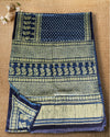 Indiehaat | Ajrakh Blockprint Modal Silk Lagdi Patta Blue Saree