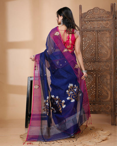 Indiehaat | Cotton Silk Blue Saree Handloom Mina Work