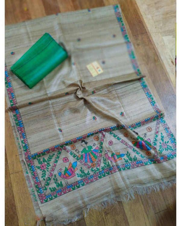 Silkmark Tussar Beige Madhubani Fanciful Dupatta & Green Top