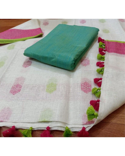 Pure Linen Unique White Dupatta & Katan Silk Green Top Set