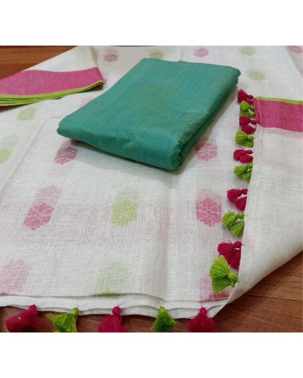 Pure Linen Serene White Dupatta & Katan Silk Green Top Set