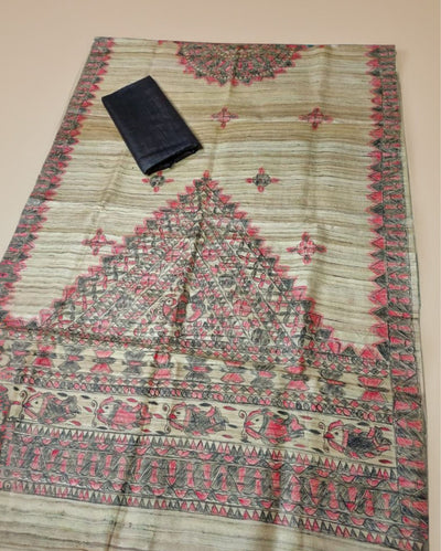 Silkmark Tussar Beige Madhubani Beaming Dupatta & Gray Top