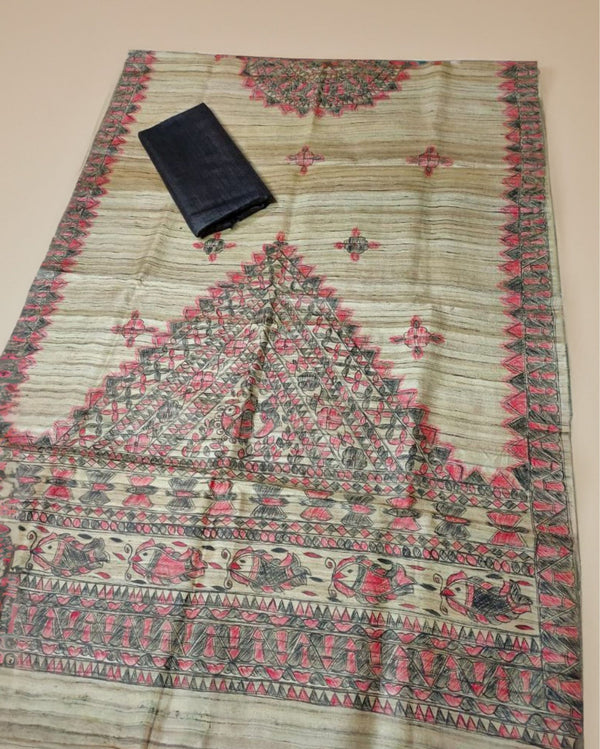 Silkmark Tussar Beige Madhubani Beaming Dupatta & Gray Top