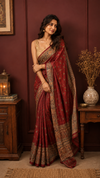 Silkmark Certified Tussar Silk Handloom Saree Handblock Print Medium Carmine Red Color with running blouse-Indiehaat