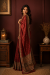 Silkmark Certified Tussar Silk Handloom Saree Handblock Print Medium Carmine Red Color with running blouse-Indiehaat