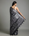 Earthy Slub Linen Saree Batik Print Moss Green