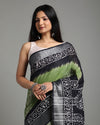 Earthy Slub Linen Saree Batik Print Moss Green