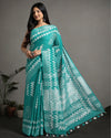 Turquoise Slub Linen Saree Batik Print Turquoise Blue