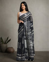 Unique Slub Linen Saree Batik Print Black