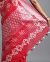 Crimson Slub Linen Saree Batik Print Rubine Red