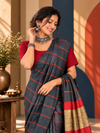 Gray Striped Pure Linen Saree with Blouse | Indiehaat