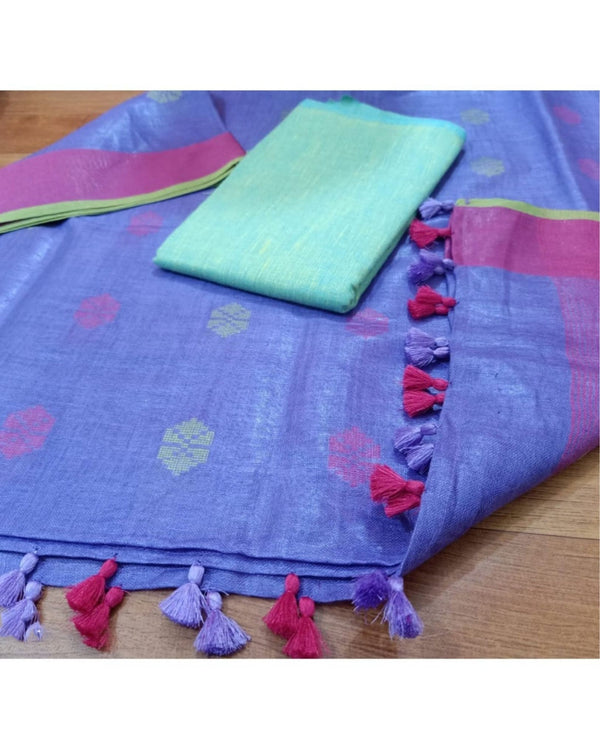 Pure Linen Vibrant Purple Dupatta & Katan Silk Blue Top Set
