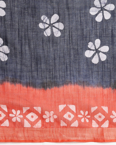 Vibrant Slub Linen Wax Batik Hand Dyed Saree Ink Blue & Orange