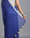 Artistic Pure Linen Handloom Saree Blue Hand Embroidered