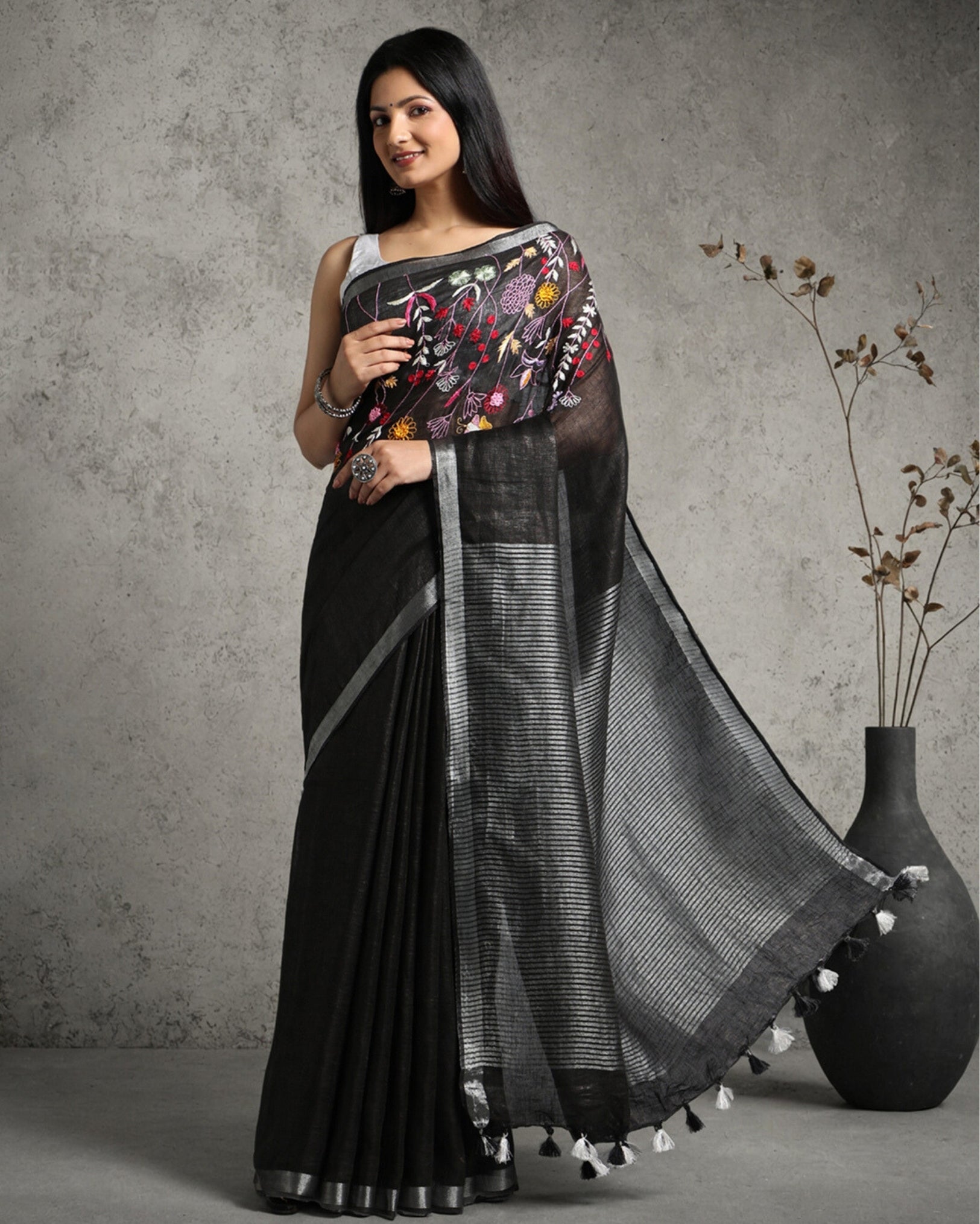 Eerie Black Pure Linen Saree with Hand Embroidery & Blouse