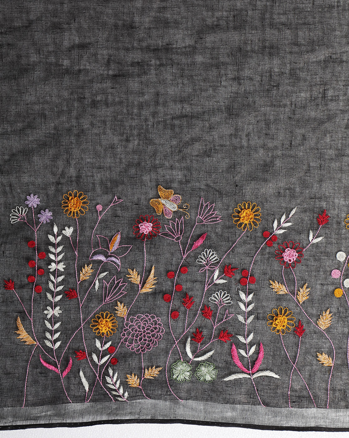 Eerie Black Pure Linen Saree with Hand Embroidery & Blouse