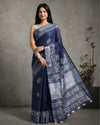 Tranquil Slub Linen Batik Print Saree Ink Blue