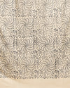 Off white and slate blue Katan silk unstitched suit set hand block printed with stylised swirls and fish motifs in an asymmetric repeat, with teal and charcoal grey accents and fringed edges.